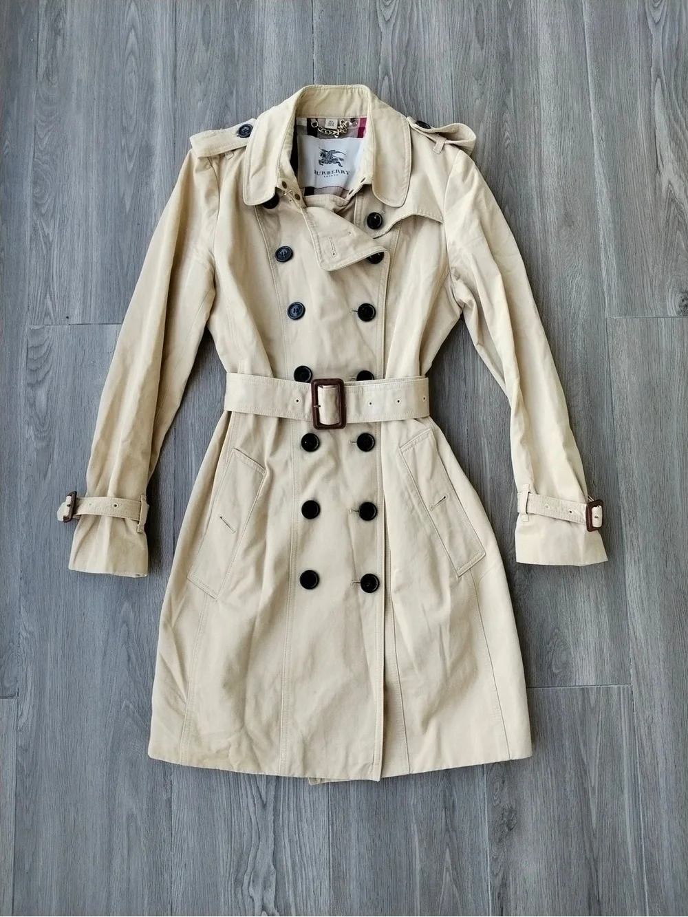 Burberry London Women’s Belted Trench Coat Beige Nova Check Cotton US 4 Small - Picture 2 of 9